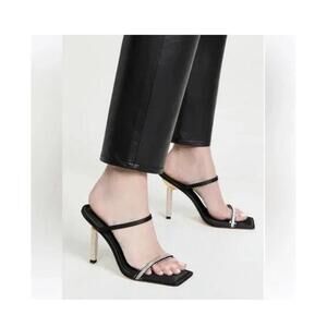 Good American Rhinestone Satin Square Toe Strappy Sandals‎ In Black Size 11 New